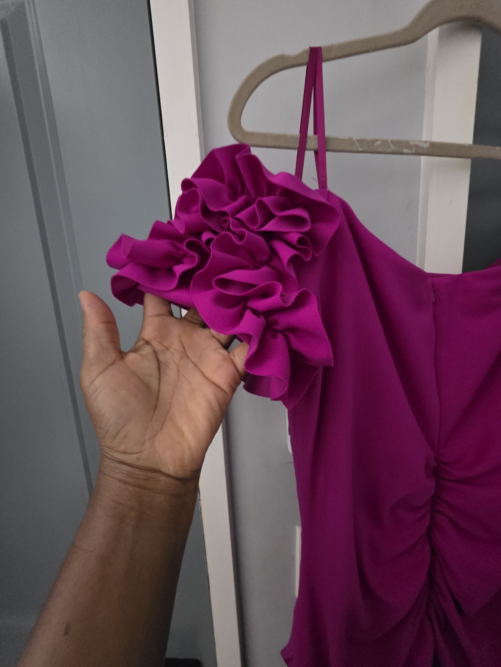 Xscape Fuchsia Off-Shoulder Ruffle Midi Dress - Picture 5 of 8